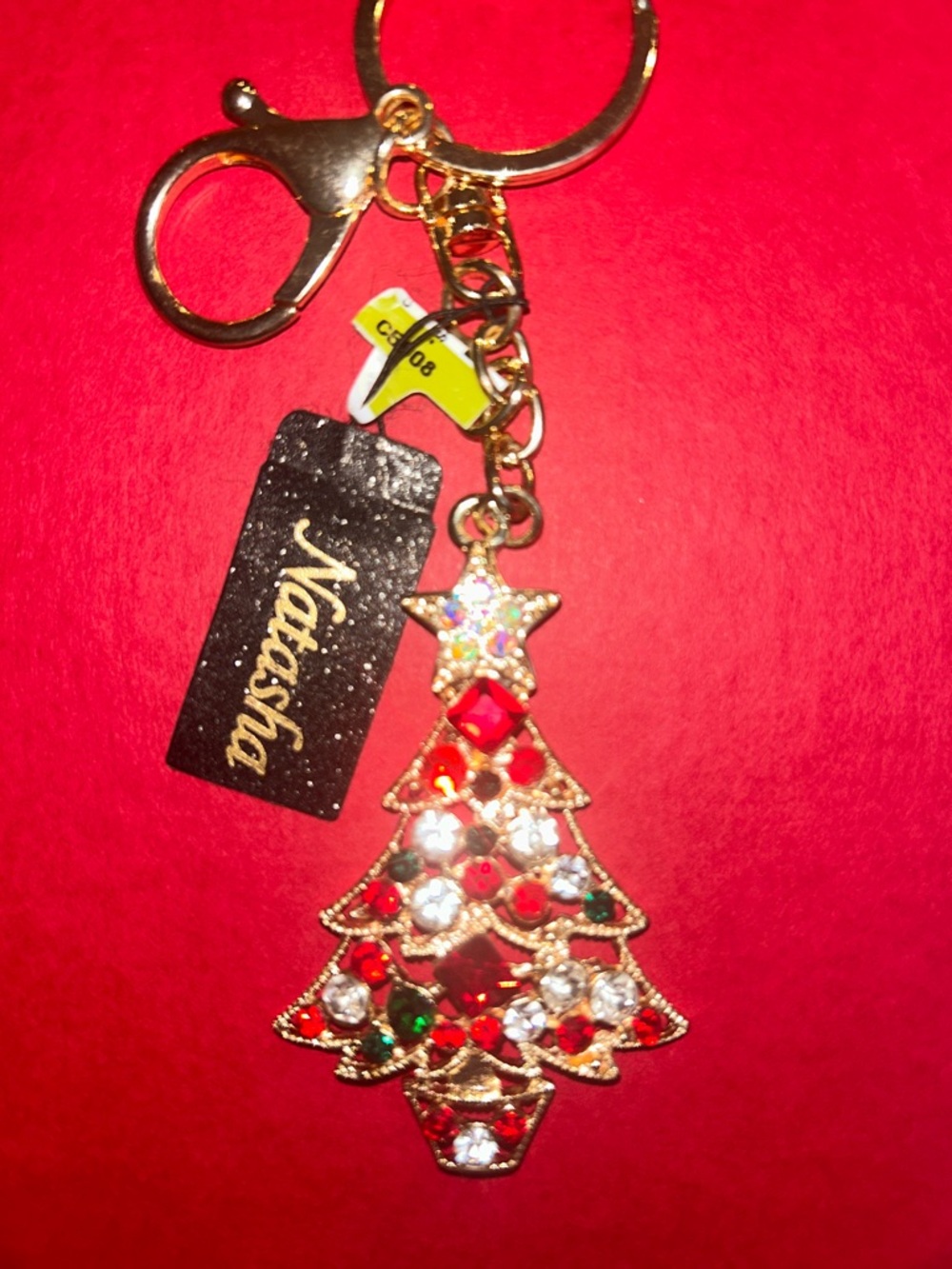 Natasha Couture Jeweled Gold-Tone Rhinestone Christmas Tree Keychain NWT
